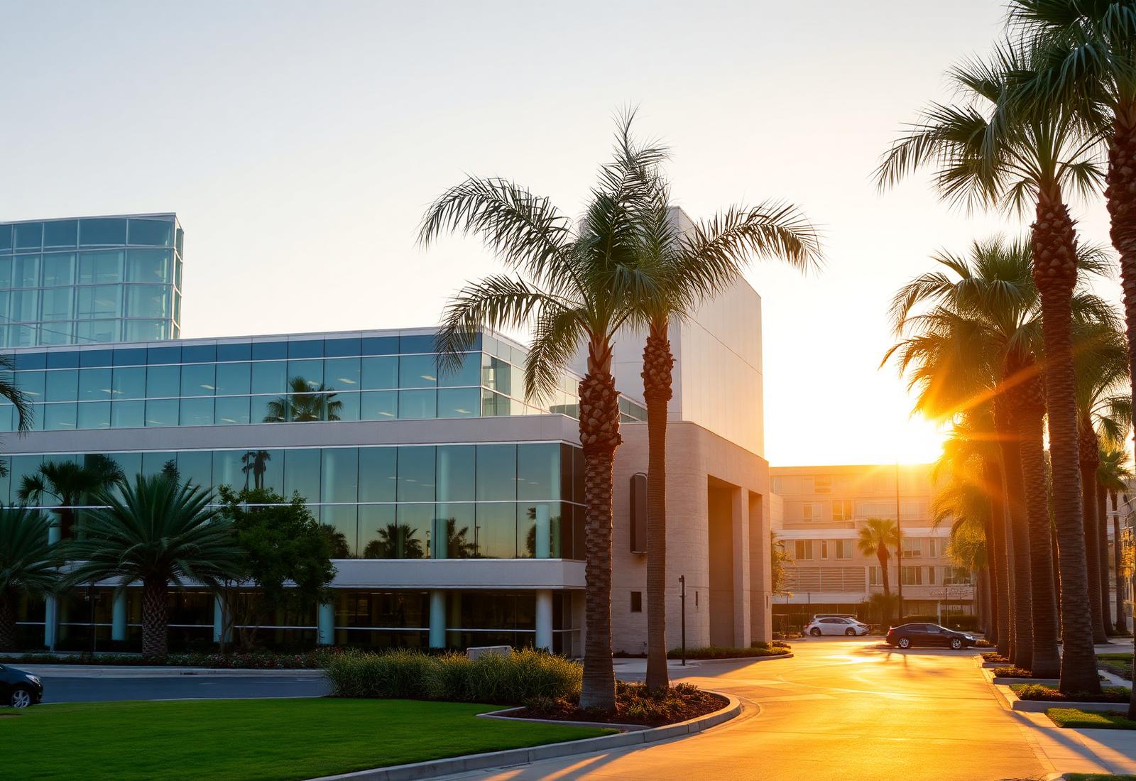 Modern coastal office architecture in Irvine at golden hour
