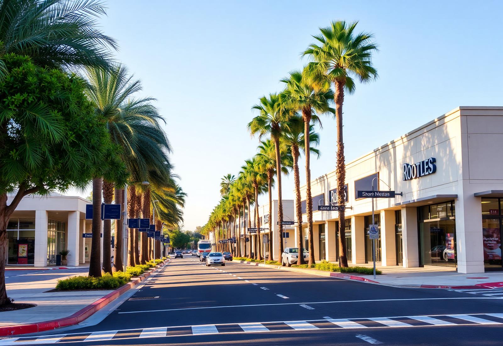 Palm-lined Orange County business district at morning